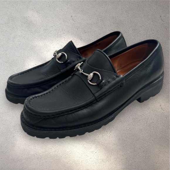Gucci Black Leather Horsebit Lug Sole Loafers Silver Bit Detail Preppy Designer - Picture 1 of 13